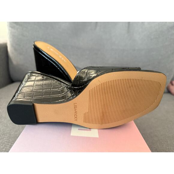 NEW Lisa Vicky Nordstrom Adore-V Croco Wedge Sandals Black Patent Leather 6.5 - Picture 4 of 7